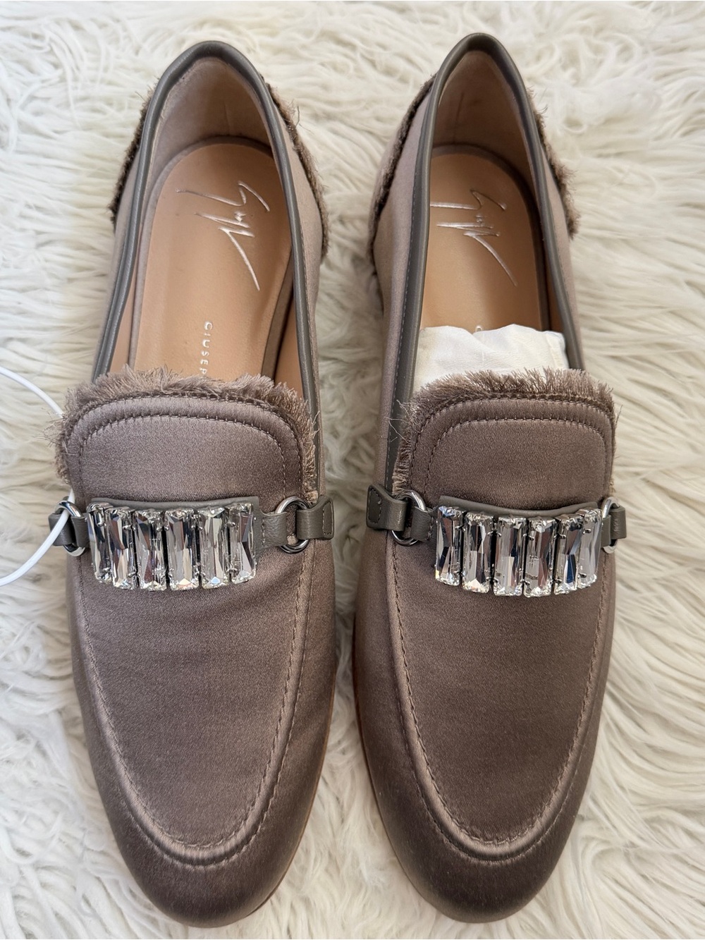 NIB Giuseppe Zanotti Elysees Kaki Satin Loafers Flats with Crystal Trim 37